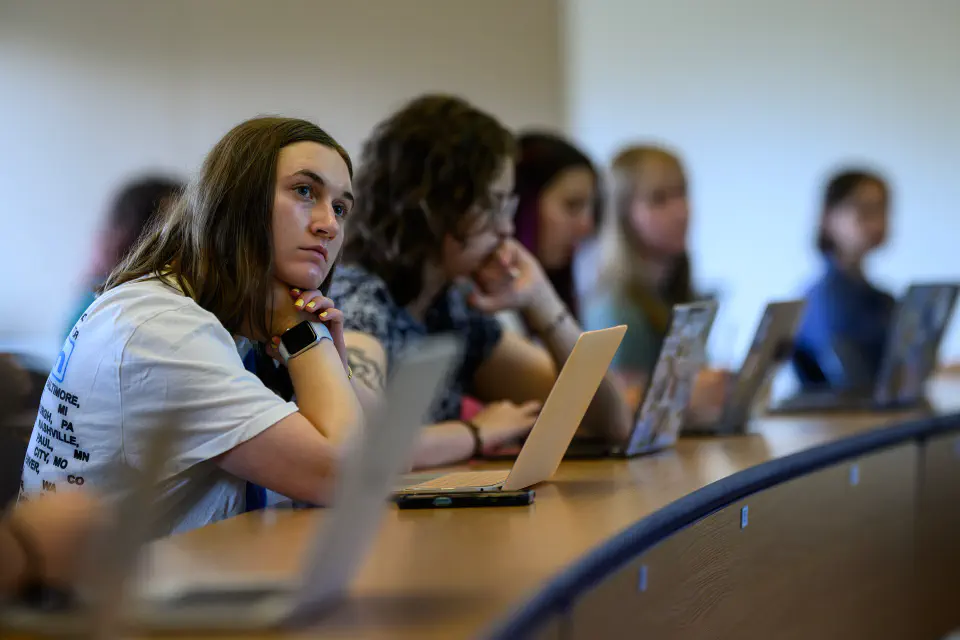Students listen to Tatiane Trejos, Ph. D., Associate Professor during their Forensic Chemical Analysis class at Oglebay Hall, in Morgantown, WV, on August 20, 2025.