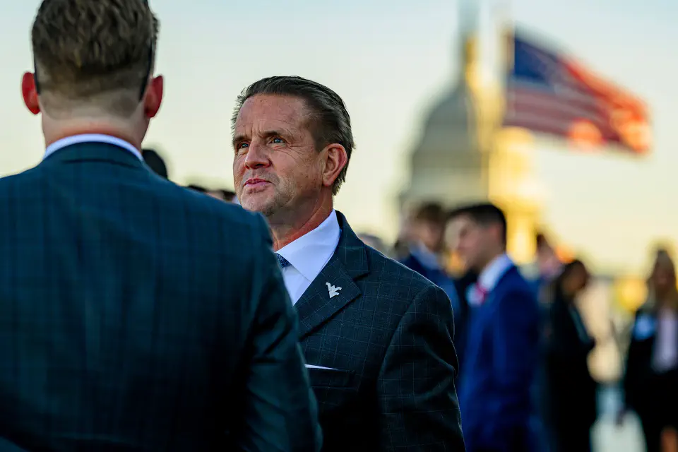 WVU President Mike T. Benson speaks with guests during a Meet and Greet for alumni, donors, staff and WV Congressional Delegation members, at the Hall of States Building in Washington, D.C. on October 1, 2025.