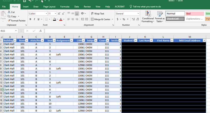 Screenshot of merged Excel file combining ALL CLASSROOM SEATING CHART table and Student Roster table.