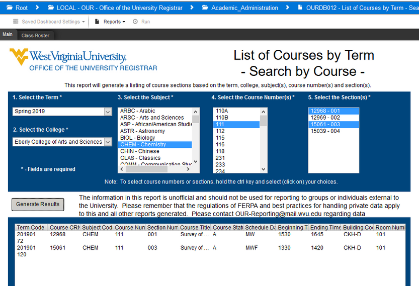 Screenshot of Argos report showing selected criteria for CHEM 111 assigned seating report.