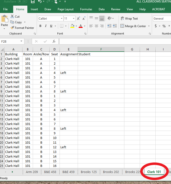 Screenshot of All Classrooms Excel file with Clark Hall 101 tab highlighted.
